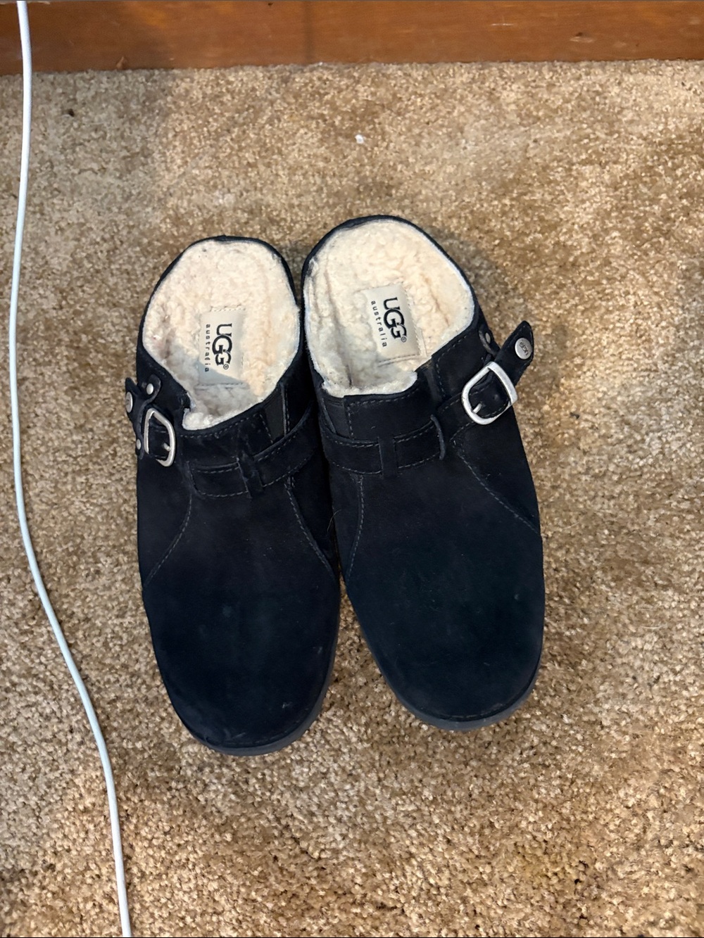 UGG Kids Black Suede Shearling Clog with Buckle